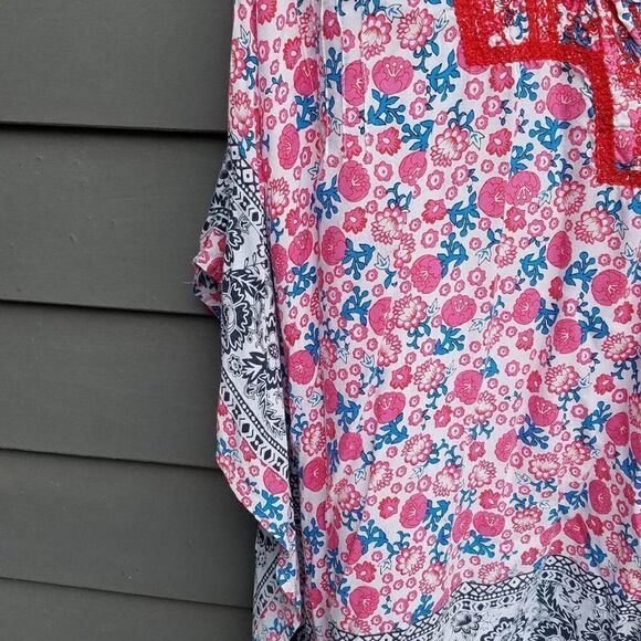Behind the Seams Red/Blue Boho Bat Wing Peasant Top ck measurements - Picture 10 of 11